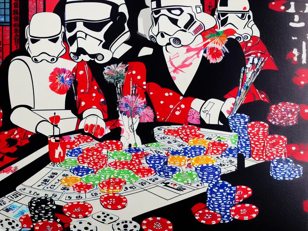 Image similar to hyperrealism composition of the detailed single woman in a japanese kimono sitting at an extremely detailed poker table with stormtrooper, fireworks, river on the background, pop - art style, jacky tsai style, andy warhol style, acrylic on canvas