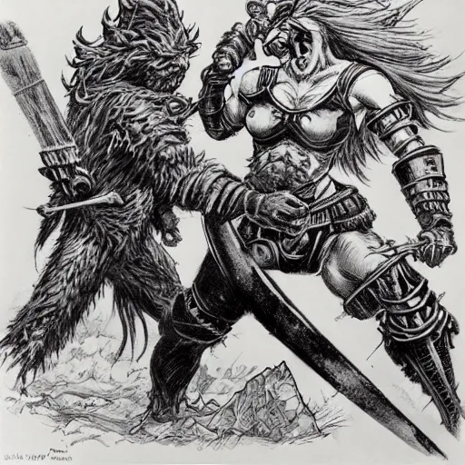 Prompt: a towering bugbear points victoriously at a cowering female human warrior, by Mike Ploog