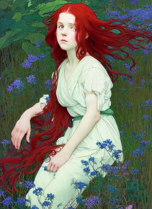 Image similar to pretty young woman resembling millie bobby brown with long red hair asleep in the forest, path traced, highly detailed, high quality, digital painting, by studio ghibli and alphonse mucha, leesha hannigan, hidari, art nouveau, chiho aoshima, jules bastien - lepage