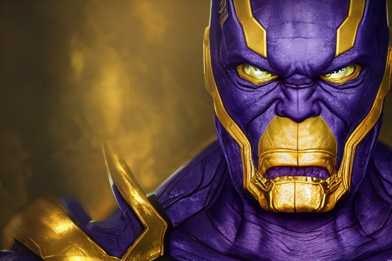 Prompt: Thanos wearing blue and gold armor grimacing, trending on Artstation, highly detailed, hyper realistic, vibrant colors, HD wallpaper, 4k, photorealistic, digital art