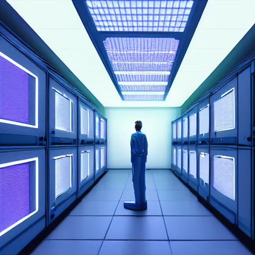 Prompt: hyperrealism detailed photography scene by stanley kubrick of highly detailed stylish detailed data center in 2 0 7 7 in josan gonzalez, gragory crewdson and katsuhiro otomo, mike winkelmann style with many details by josan gonzalez by laurie greasley, hyperrealism photo on dsmc 3 system, volumetric blue led light, rendered in blender