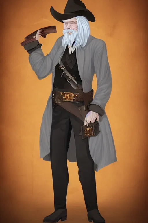 Prompt: older man with sharp cheeks long white hair and beard, wearing black wide brimmed plantation hat and duster coat, and wearing a belt with two revolvers, and bandolier with multiple sheriff badges pinned, high quality DnD illustration, trending on ArtStation, all rights reserved Wizards of the Coast.