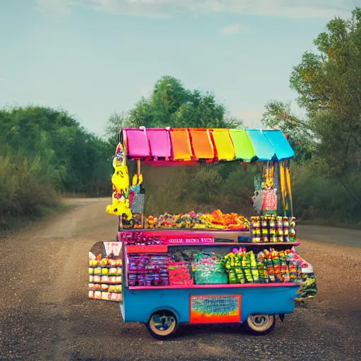 Image similar to super colorful pop rock candy, fruit stand on the side of a dusty country road, dramatic outdoors, 8 k, 4 k, trending on artstation cgsociety, octane ue 5