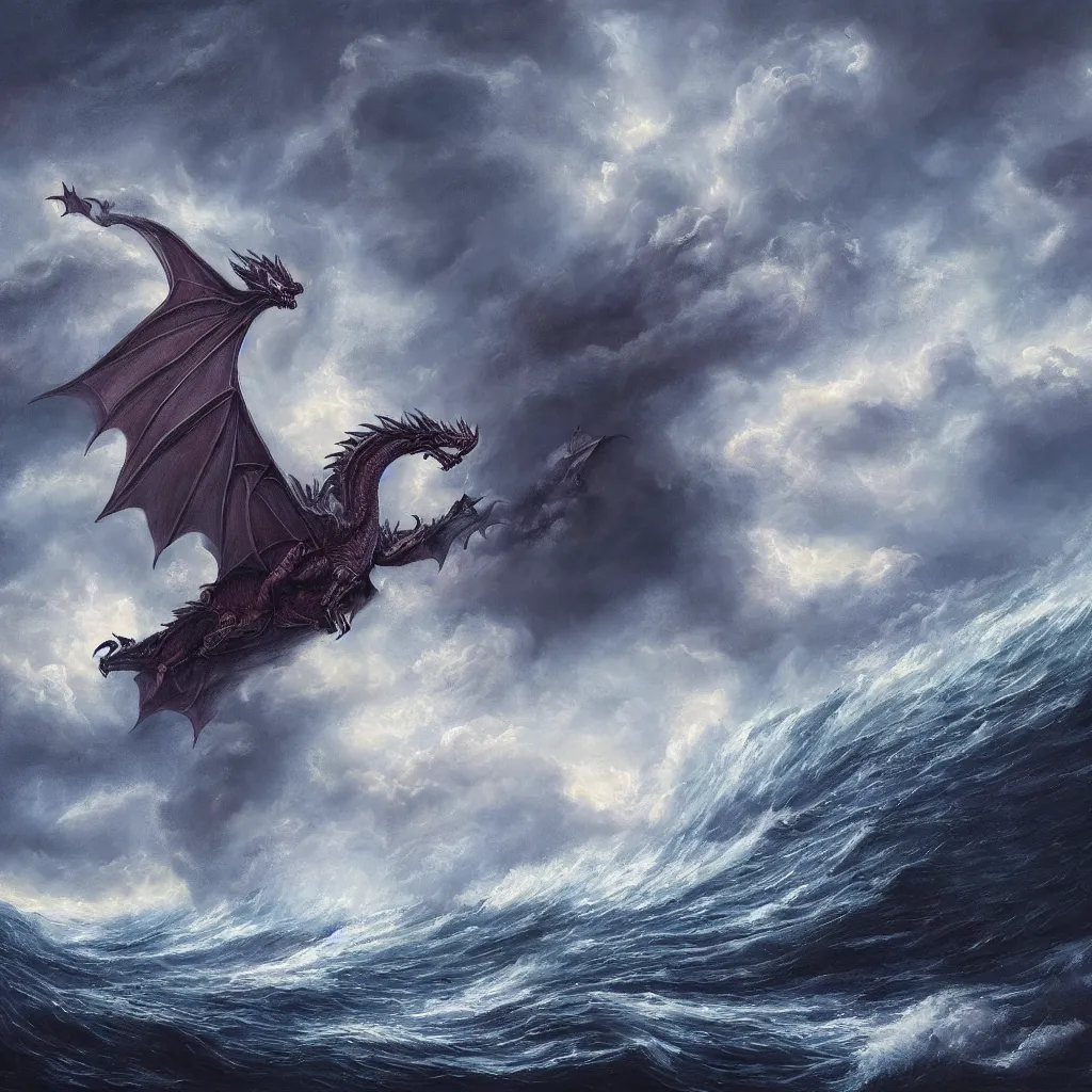 Image similar to a fantasy book style portrait of a giant dragon, stormy sea, giant waves, lightning, small boat, oil painting, 4 k