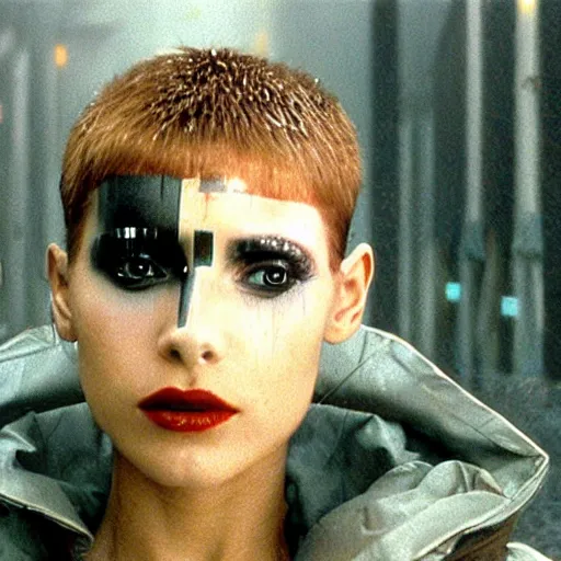 Image similar to cinematic portrait of a runaway replicant with tribal facepaint and a plastic raincoat in an empty room, still from the movie bladerunner