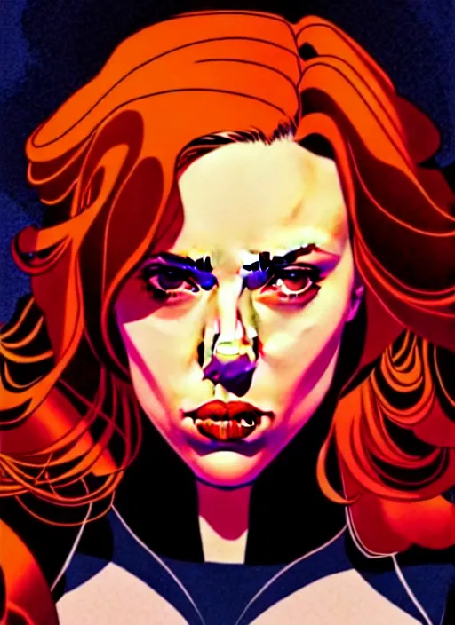 Image similar to rafeal albuquerque comic art, joshua middleton comic art, cinematics lighting, night time, pretty scarlett johansson black widow, big smirk, symmetrical face, symmetrical eyes, long red hair, full symmetrical body, flying in the air, jumping off rooftop