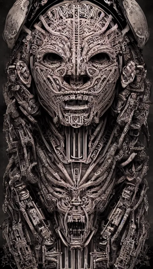 Prompt: ancient biomechanical hybrid aztec fantasy beautiful cyber warrior symmetrical human face immortal mask tattoo pattern concept, teonanacatl glyph, intricate artwork by, Johnatan Wayshak, Zdizslaw Beksinski, face by Artgerm, H.R. Giger, very coherent artwork, cinematic, hyper realism, high detail, octane render, unreal engine, 8k, High contrast, higly detailed black ink outline, crosshatch sketch gradient