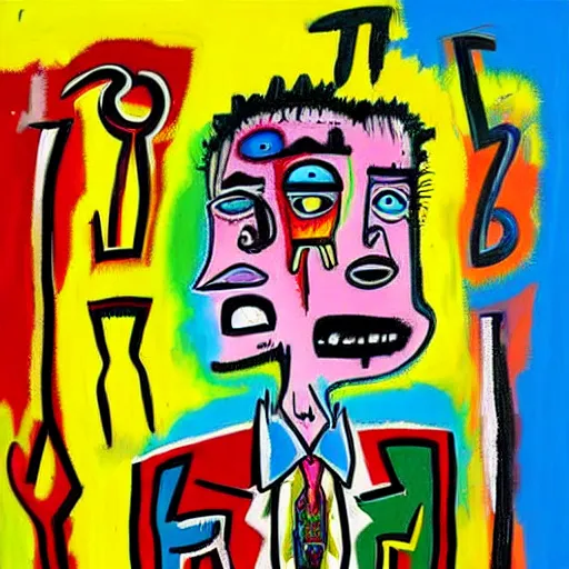 Image similar to colorful odd colors detailed abstract neo expressionism chaotic oil painting of sad boy business man depressed with tattoos by basquiat