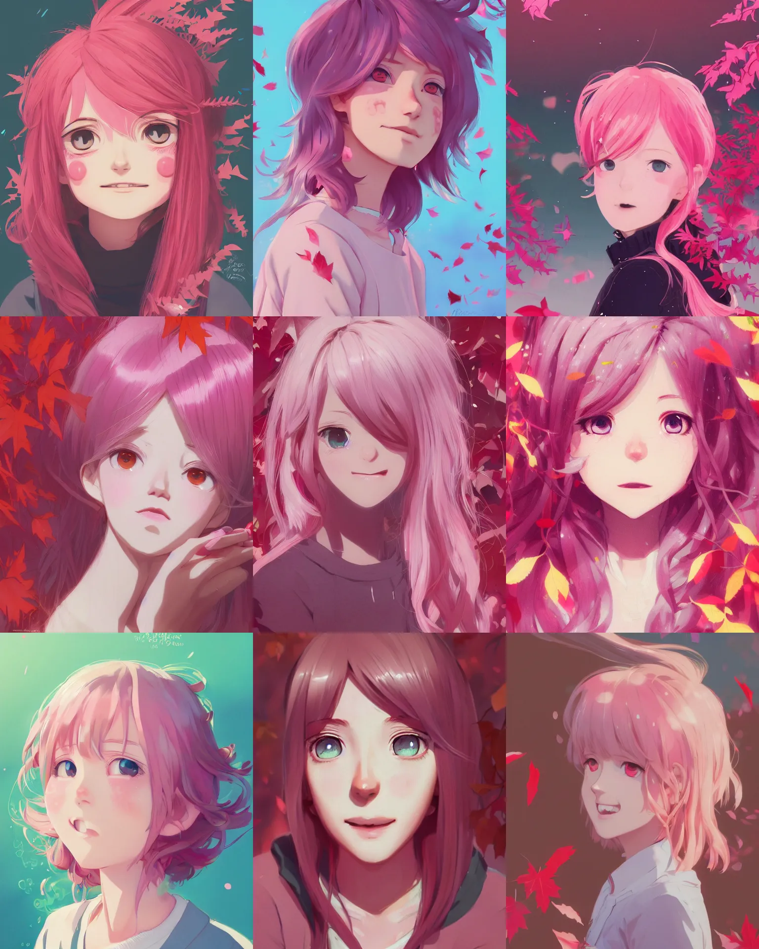Prompt: happy teenage girl side face with pink curly pastel hair .Many single strips of hair floating in the air. Bright big eyes. Fine particles of red leaves, cute, anime wallpaper, Sunlight on the face.by Krenz Cushart, Ian McQue, Ilya Kuvshinov, CloverWorks. vivid color. Shining highlights