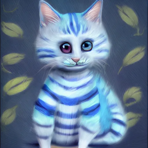 Image similar to cute blue striped cat of cheshire from alice in wonderland. an adorable cat with light blue stripes and a big playful human - like smile. award - winning digital art, trending on artstation