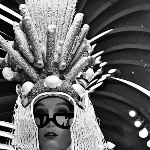 Image similar to close up of a SpongeBob fashion model in year 3000 in art-deco entrance hall, model wearing a huge surreal Avant-garde helmet that looks like ingold, photography , official Versace editorial , highly detailed