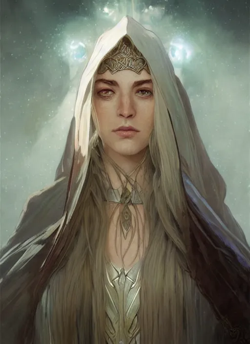 Prompt: Portrait of a beautiful female elven warrior, white glowing eyes, lord of the rings, cloak, female, fantasy, extremely detailed, digital painting, artstation, concept art, smooth, sharp focus, illustration, stunning lighting, art by artgerm and greg rutkowski and alphonse mucha and simon stalenhag, realistic character concept, high fantasy, light atmosphere, golden ratio, cinematic lighting, hyperdetailed, high resolution, insanely detailed and intricate, artstation, Marc Simonetti, Greg Rutkowski, 8k