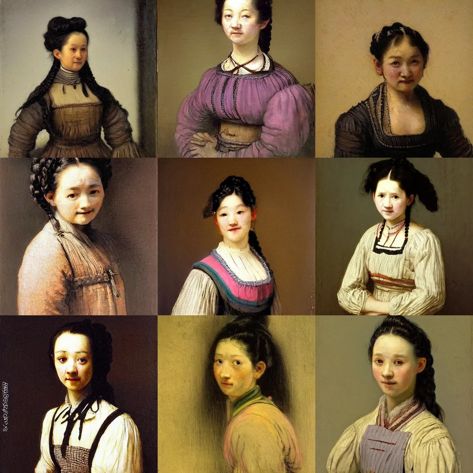 Prompt: a sadly smiling black haired, young hungarian servant maid from the 19th century who looks very similar to (((Lee Young Ae))) with a two french braids, pastel colours, detailed, painting by Rembrandt, Csók István and da Vinci