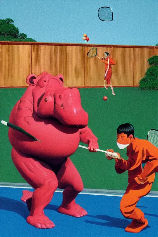 Prompt: a colorful plastic action figure of men wearing hippo masks playing badminton, by kawase hasui, moebius, Edward Hopper and James Gilleard, Zdzislaw Beksinski, Steven Outram colorful flat surreal design, hd, 8k, artstation