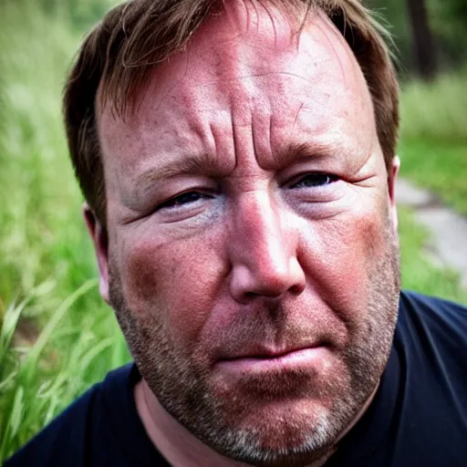 Prompt: close up of alex jones begging for money on the side of the road, award winning press photo