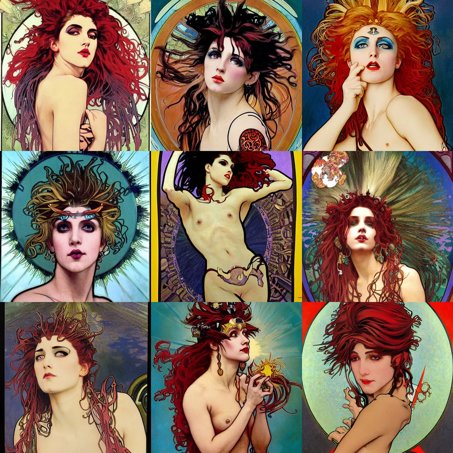 Prompt: stunning, breathtaking, awe-inspiring award-winning concept art nouveau painting of an attractive 1980s punk with messy eyeliner, a septum piercing, and extremely short spikey hair dyed bright red, as the goddess of the sun, with anxious, piercing eyes, by Alphonse Mucha, Michael Whelan, William Adolphe Bouguereau, John Williams Waterhouse, and Donato Giancola, cyberpunk, extremely moody lighting, glowing light and shadow, atmospheric, cinematic, 8K