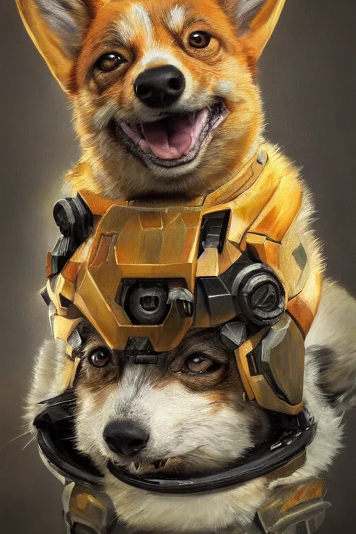 Image similar to master chief as a corgi, oil on canvas, intricate, portrait, 8 k highly professionally detailed, hdr, cgsociety