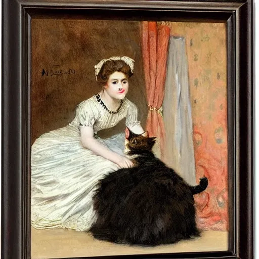 Prompt: young victorian lady in ball gown petting a cat, painted by alfred stevens