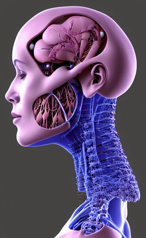 Image similar to 3D render of a beautiful profile face portrait of a female cyborg, 150 mm, flowers, Mandelbrot fractal, anatomical, flesh, facial muscles, wires, microchip, veins, arteries, full frame, microscopic, elegant, highly detailed, flesh ornate, elegant, high fashion, rim light, octane render in the style of H.R. Giger and Bouguereau