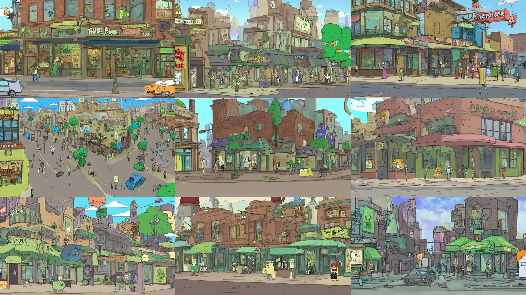 Prompt: downtown street view, classy cannabis shop, in the style of adventure time