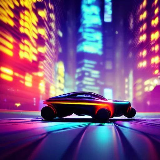 Image similar to digital art of a futuristic neon city sharp photorealistic octane render, bokeh in the background only, a in focus sharp flying car hover in the foreground