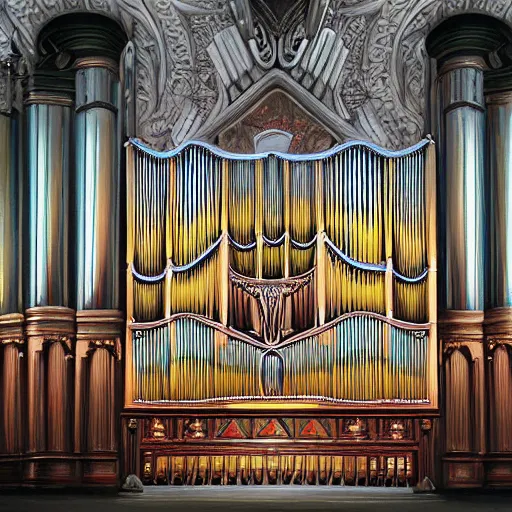 Prompt: gigantic pipe organ, oil painting, digital art, trending on artstation, highly detailed, 8k, luminous, biomechanical