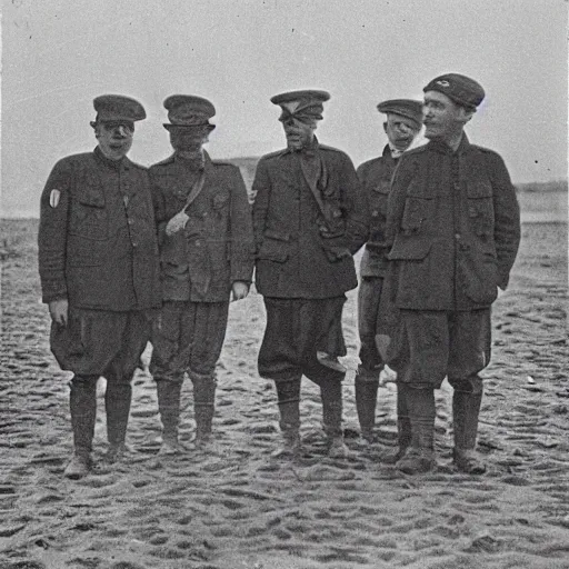 Image similar to lost soldiers on a beach, frenetic city style, black and white photo, 1920, one red moon in the sky