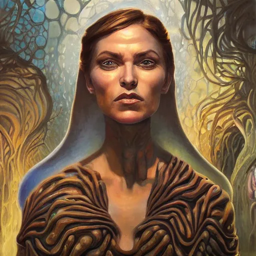 Image similar to detailed face of a woman with opalescent eyes in a biomorphic courtyard with dna sculptures at a science expo, atmospheric, ambient, pj crook, syd mead, livia prima, artgerm, greg rutkowski, nick alm, casey baugh