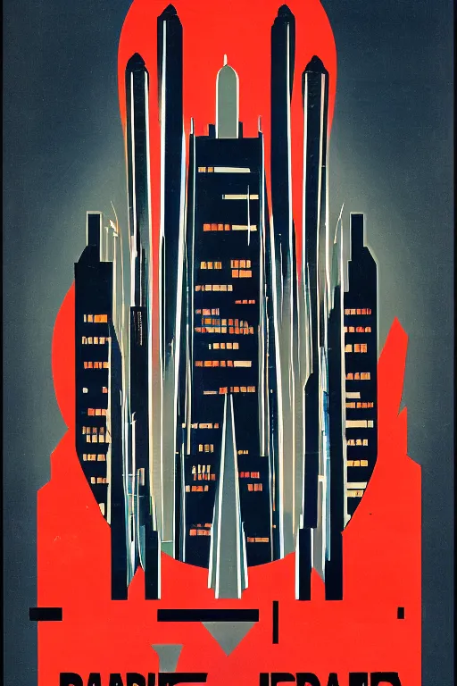 Prompt: propaganda poster of 1 9 5 0 s city futuristic design, dark, silhouette, symmetrical, washed out color, centered, art deco, 1 9 5 0's futuristic, glowing highlights, intense