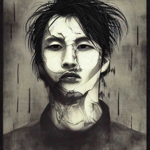 Image similar to Yoshitaka Amano blurred and dreamy illustration of a man with black short hair fluttering in the wind and cracks on his face, abstract black and white patterns on the background, noisy film grain effect, highly detailed, Renaissance oil painting, weird portrait angle