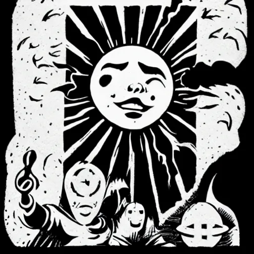 Prompt: The sun with a face. Dark Fantasy, Film Noir, Black and White. High Contrast, Mike Mignola, D&D, OSR