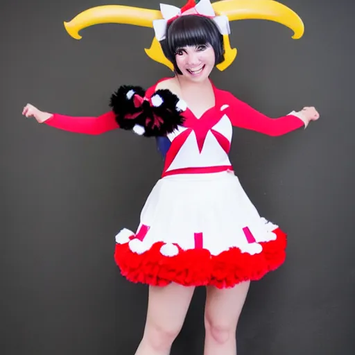 Image similar to a demon horned smiling anime girl wearing cheerleader dress holding cheerleader pompom on both hands