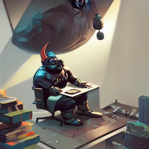 Image similar to a insanely detailed painting of a fat masked superhero wearing a costume sitting at a desk, staring at the nervously at the computer typing, in the style of peter mohrbacher, dramatic lighting and composition, trending on artstation, concept art, comic book