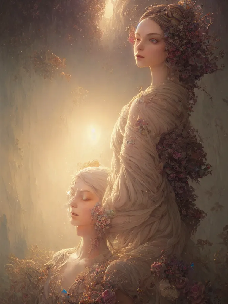 Image similar to highly detailed portrait of beautiful ethereal woman in ornate clothing, stephen bliss, unreal engine, fantasy art by greg rutkowski, loish, rhads, ferdinand knab, makoto shinkai and lois van baarle, ilya kuvshinov, rossdraws, tom bagshaw, global illumination, radiant light, detailed and intricate environment