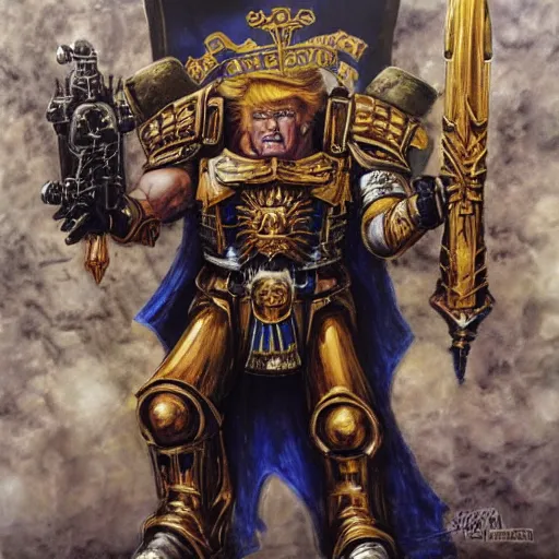 Image similar to donald trump as the god emperor of mankind, warhammer 4 0 k universe, immense detail, by john blanche