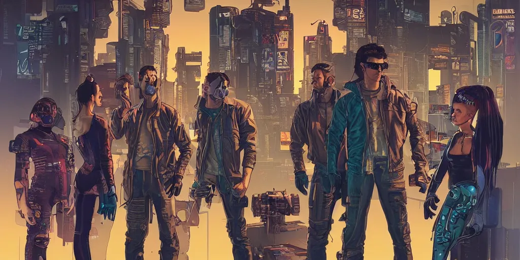 Image similar to cyberpunk heist crew. portrait by stonehouse and mœbius and will eisner and gil elvgren and pixar. character design. realistic proportions. dystopian. cyberpunk 2 0 7 7 character art, blade runner 2 0 4 9 concept art. cel shading. attractive face. thick lines. hi def 4 k. the team. detailed interesting characters. realistic faces.