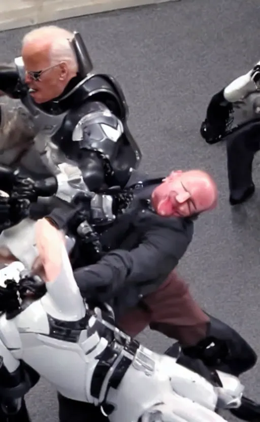 Image similar to robocop punching joe biden in the face, slow motion still