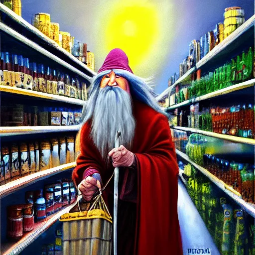 Image similar to oil painting of Gandalf wearing wizard hat, stacking supermarket shelves, depressing, sadW 704