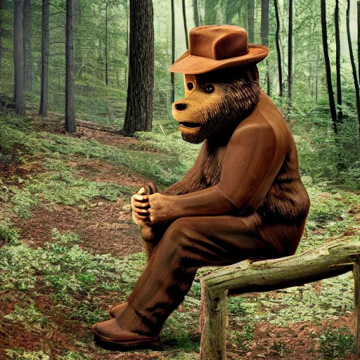 Prompt: UHD canndid photo of Smokey The Bear in the woods, sitting on the potty, by Annie leibowitz, photorealisitc, extremely detailed