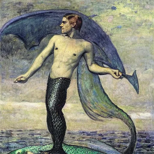 Image similar to male merlock holmes mermaid with a big mermaid tail sitting at the bottom of the sea under water in the style of jules bastien - lepage