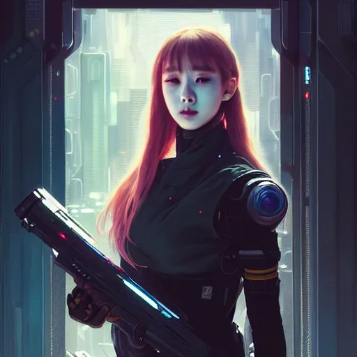 Image similar to portrait painting of cyberpunk chuu from loona as a happy mercenary, ultra realistic, concept art, intricate details, eerie, highly detailed, photorealistic, octane render, 8 k, unreal engine. art by artgerm and greg rutkowski and magali villeneuve and alphonse mucha