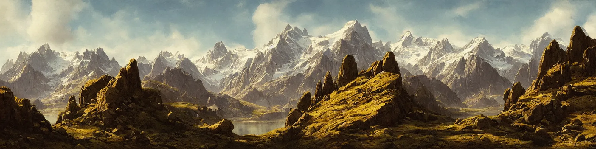 Image similar to rocky mountain range, painting by raphael lacoste