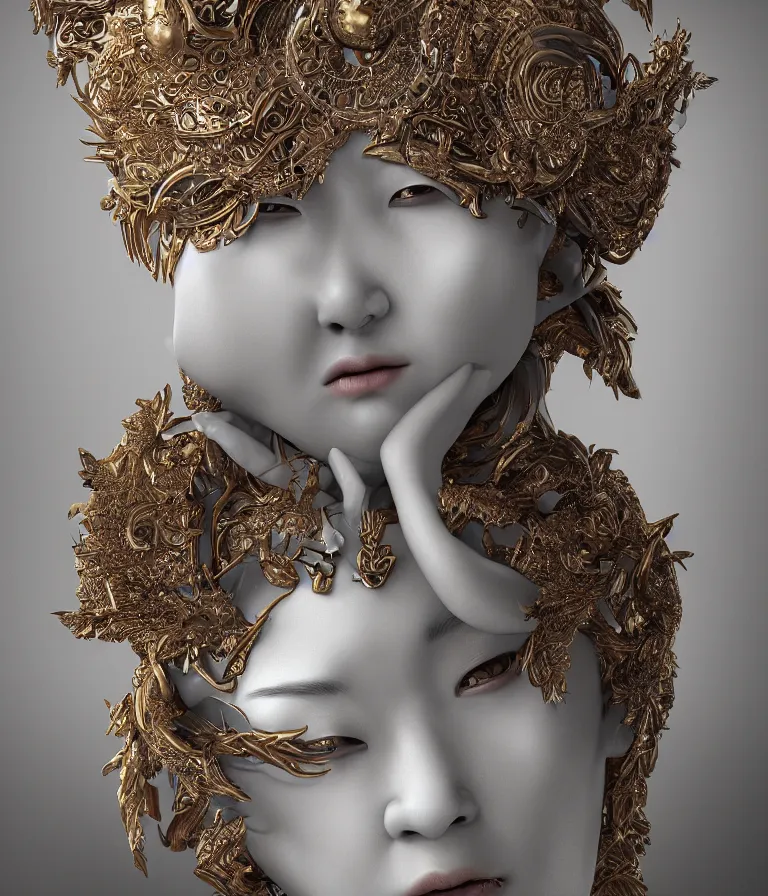 Image similar to hyper realistic portrait photo of ameterasu the sun goddess of japan, portrait shot, porcelain white face, intricate detail, octane render