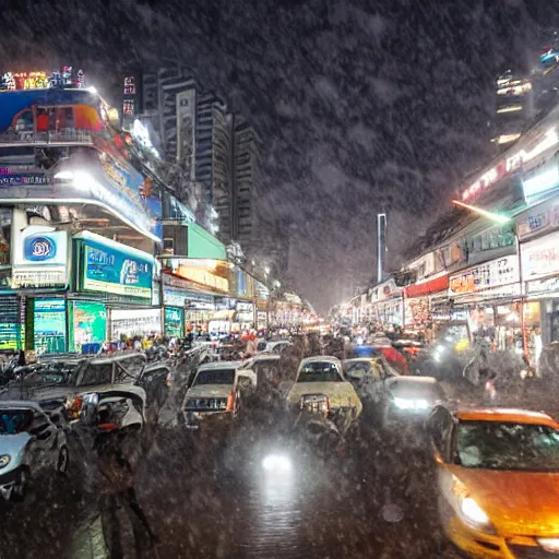 Prompt: center of bangkok crowded with people and vehicles during a snowstorm