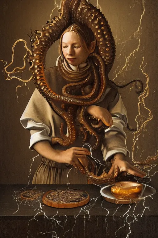 Prompt: a beautiful ultradetailed painting of kitchen maid, made with fractals of tentacles, smoke, marble and wooden from norse pantheon covered in lightning and fire spell, andres rios, jan urschel, jan vermeer, trending on artstation, detailed wood carving.