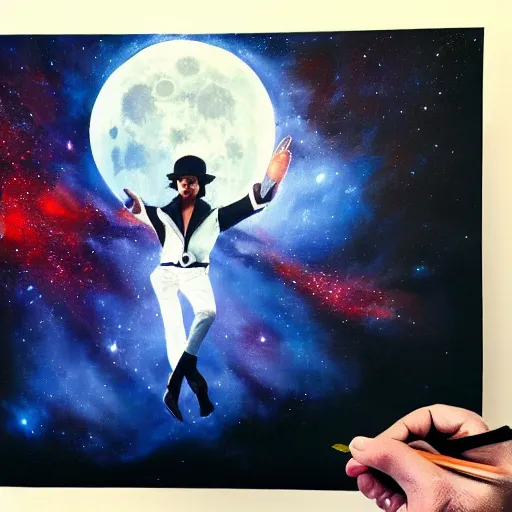 Image similar to painting of Michael Jackson doing the moonwalk in a cosmic scenic environment, trending on Artstation, hyperdetailed, beautiful, stars, planets, nebula, medium shot, mid-shot