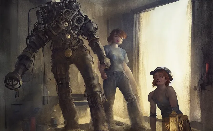 Prompt: machine monster grabs sadie sink dressed as a miner : concept art for a scifi cyberpunk film. by edward hopper, greg rutkowski, gustave courbet, john j. park, jason chan, noah bradley, feng zhu, gintas galvanauskas. sharp focus, cinematic atmosphere, detailed and intricate environment, perfect hand anatomy, realistic eyes