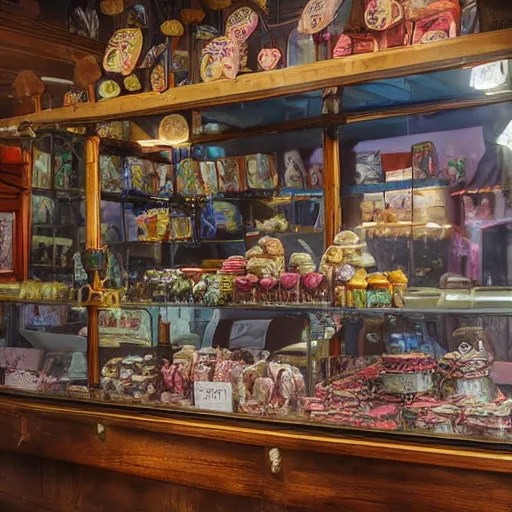 Prompt: Inside an old fashioned sweet shop, fantasy vendor interior, wide angle, cinematic shot, highly detailed, cinematic lighting , photo-realistic