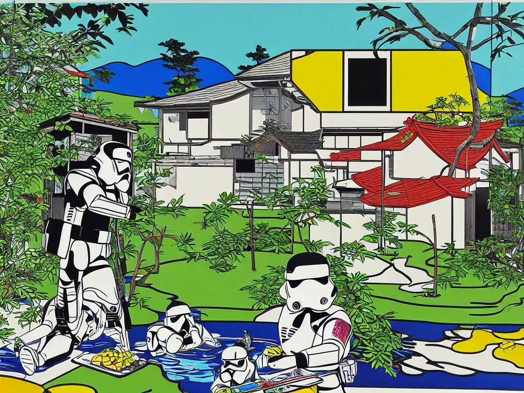 Image similar to hyperrealistic composition of the japanese home with a garden and a pond, 2 stormtroopers sitting around it, pop - art style, jacky tsai style, andy warhol style, roy lichtenstein style, rich palette, acrylic on canvas