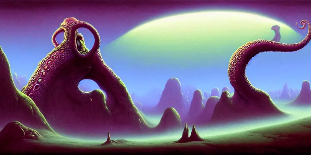 Image similar to highly detailed fantasy art of an alien cephalopod creature in a surreal landscape filled with mountains and mist, diffuse lighting, fog, muted colors, by roger dean, kilian eng. mœbius